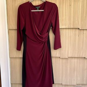 Midi faux wrap dress. Wine/black